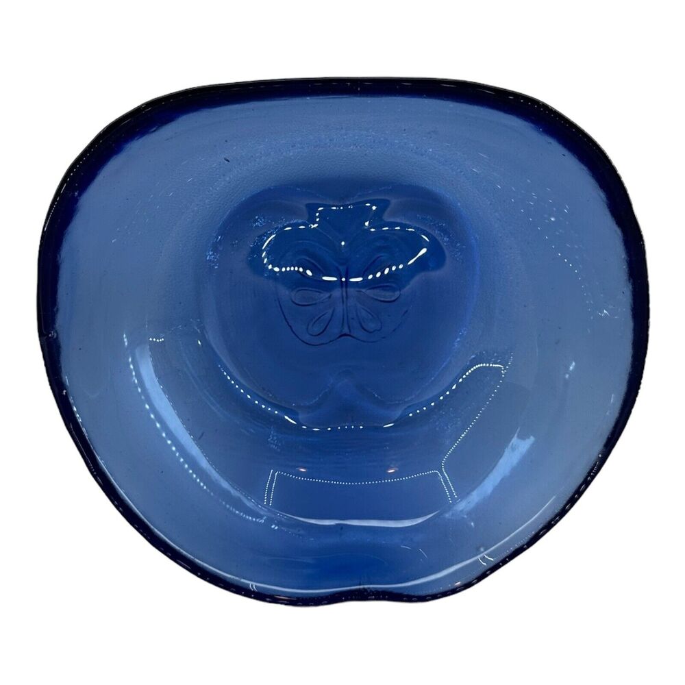 Apple Shaped Blue Art Glass Bowl Fruit Dish‎ Imprinted Core Cottagecore Vintage